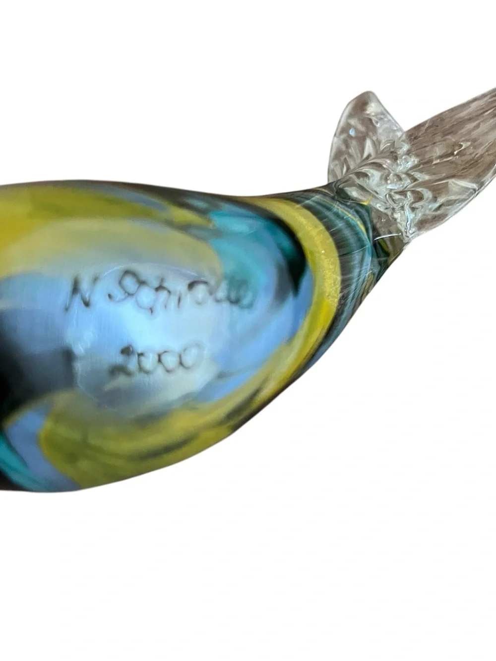 Schroders Hand Blown Art Glass Multicolor Blue Fish Paperweight Decor 6” Signed